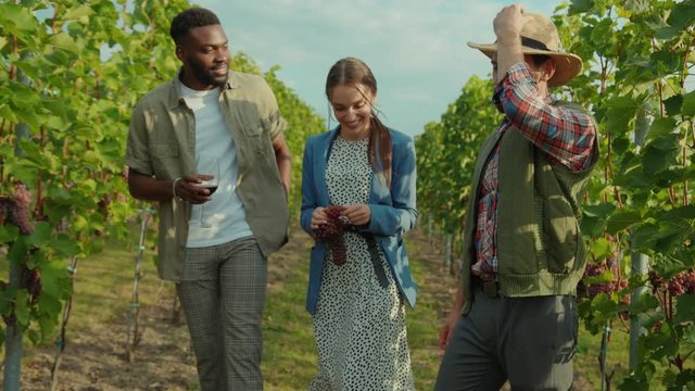 Polite winemaker welcoming guests at vineyard guiding excursion for romantic couple in grape valley of wine region. Honeymoon wine tour.
