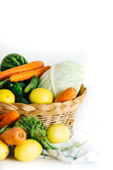 raw vegetables for Turkish homemade pickles. Vegetables are carrot, onion, cabbage, cucumber, onion, garlic, lemon, russian cucumber and green bean