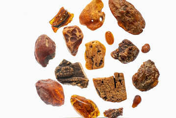Pieces of amber  on a  white background