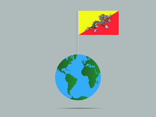 Bhutan National flag on flagpole, planet earth globe and america, africa, asia. original color and proportion, symbol and elements. vector illustration,countries set.