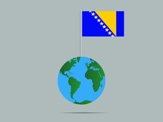 Bosnia and Herzegovina National flag on flagpole, planet earth globe and america, africa, asia. original color and proportion, symbol and elements. vector illustration,countries set.