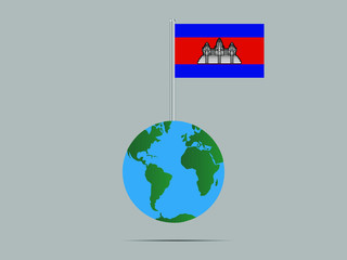 Cambodia National flag on flagpole, planet earth globe and america, africa, asia. original color and proportion, symbol and elements. vector illustration,countries set.
