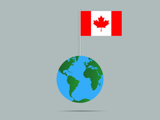 Canada National flag on flagpole, planet earth globe and america, africa, asia. original color and proportion, symbol and elements. vector illustration,countries set.