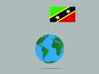 Saint Kittis and Nevis National flag on flagpole, planet earth globe and america, africa, asia. original color and proportion, symbol and elements. vector illustration,countries set.