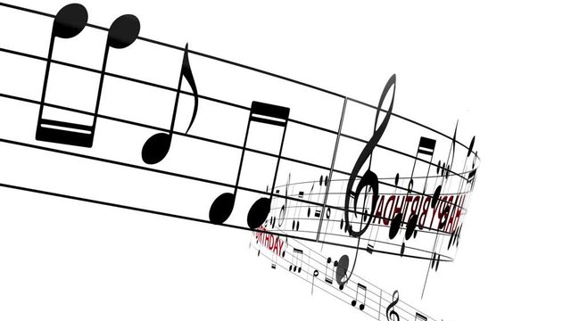 Music notes flowing with message happy birthday in red color, seamless animation