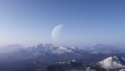 Naklejka na ściany i meble 3d rendered Space Art: Alien Planet - A Fantasy frozen Landscape with blue skies