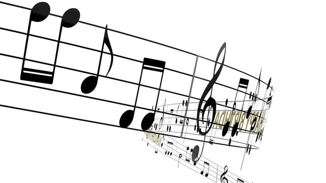 Music notes flowing with message happy birthday in gold color, seamless animation