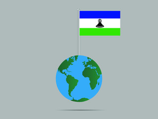 Lesotho National flag on flagpole, planet earth globe and america, africa, asia. original color and proportion, symbol and elements. vector illustration,countries set.