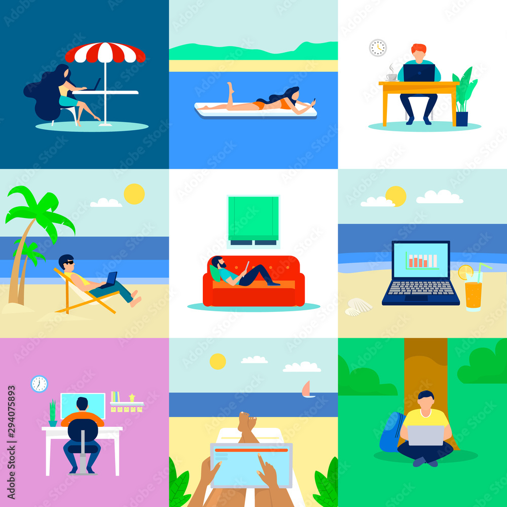Poster distant work banner set. flat illustration of distant work vector banner set for web design