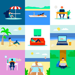 Distant work banner set. Flat illustration of distant work vector banner set for web design