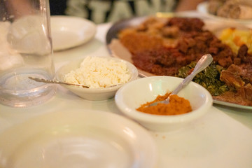 Ethiopian food on top of fermented injera bread