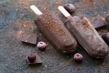 Chocolate ice cream with pieces of chocolate and blueberries on a concrete background. 