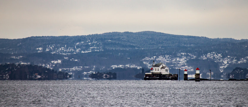 Lighthouse on Tiny Rock in the Oslo Fjord, Norway