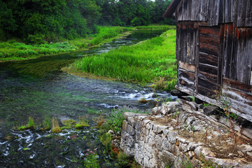 Watermills on Majerovo vrilo, the source of the the Gacka River
