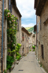 Obraz premium Wąska ulica w małym miasteczku St. Guilhem le Desert w południowej Francji