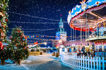 Moscow. Christmas in Russia. Red square is decorated for the New year. A deserted Christmas market....