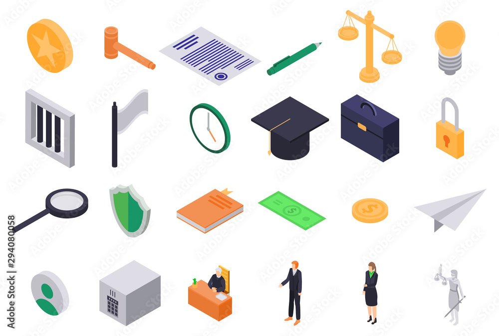 Poster justice icons set. isometric set of justice vector icons for web design isolated on white background