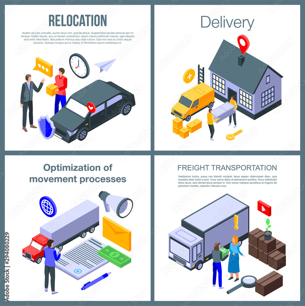 Poster relocation banner set. isometric set of relocation vector banner for web design