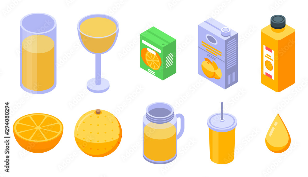 Poster juice orange icons set. isometric set of juice orange vector icons for web design isolated on white 