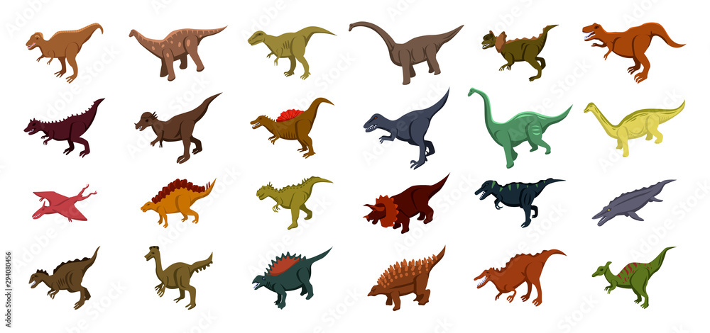 Poster dinosaur icons set. isometric set of dinosaur vector icons for web design isolated on white backgrou