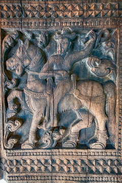 Wood Carving on a Column of Embekke Devala, Hindu Temple, Kandy, Sri Lanka