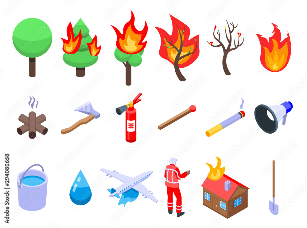 Poster wildfire icons set. isometric set of wildfire vector icons for web design isolated on white backgrou