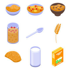 Oatmeal icons set. Isometric set of oatmeal vector icons for web design isolated on white background