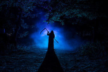 Death with a scythe in the dark misty forest. Woman horror ghost holding reaper in forest