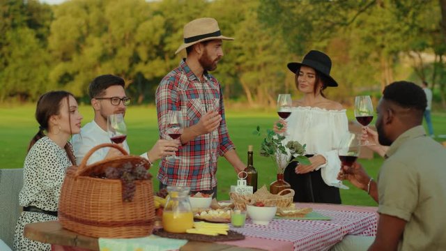 Group of beauty millennial friends raising hands toasting with wine tasting harvest food and drinks on summer picnic at farmland. Wine culture and people.