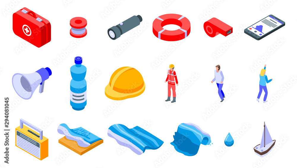 Poster tsunami icons set. isometric set of tsunami vector icons for web design isolated on white background