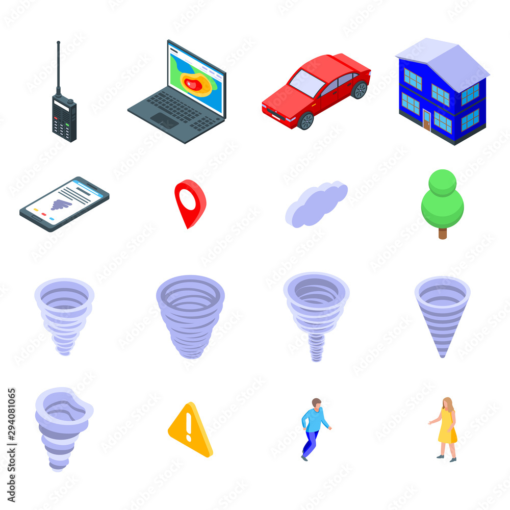 Poster tornado icons set. isometric set of tornado vector icons for web design isolated on white background