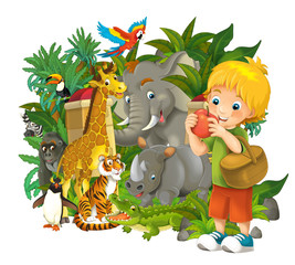 Cartoon zoo scene near the entrance with different animals - amusement park - illustration for children