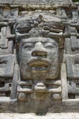 Close Up of Mask at Mask Temple, Lamanai Archaeological Reserve, Orange Walk, Belize, Central America.