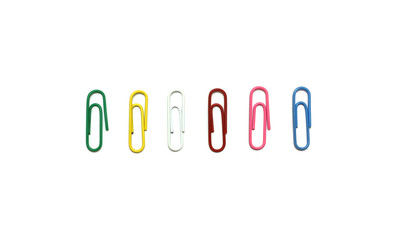 Colored paper clips on white background