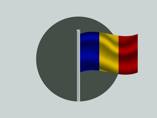  Romania Waving national flag on flagpole inside circle, isolated on gray background. original colors and proportion. Vector illustration, from countries flag set