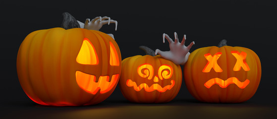 3d-illustration Halloween decoration pumpkins and scary hands