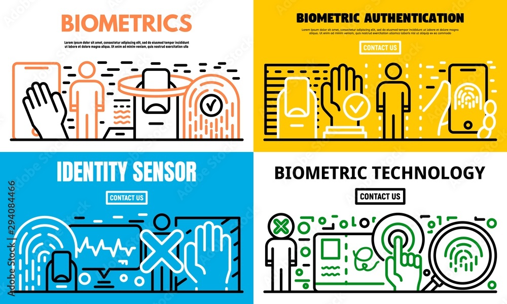 Poster biometric recognition banner set. outline set of biometric recognition vector banner for web design