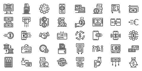 Money transfer icons set. Outline set of Money transfer vector icons for web design isolated on white background - obrazy, fototapety, plakaty