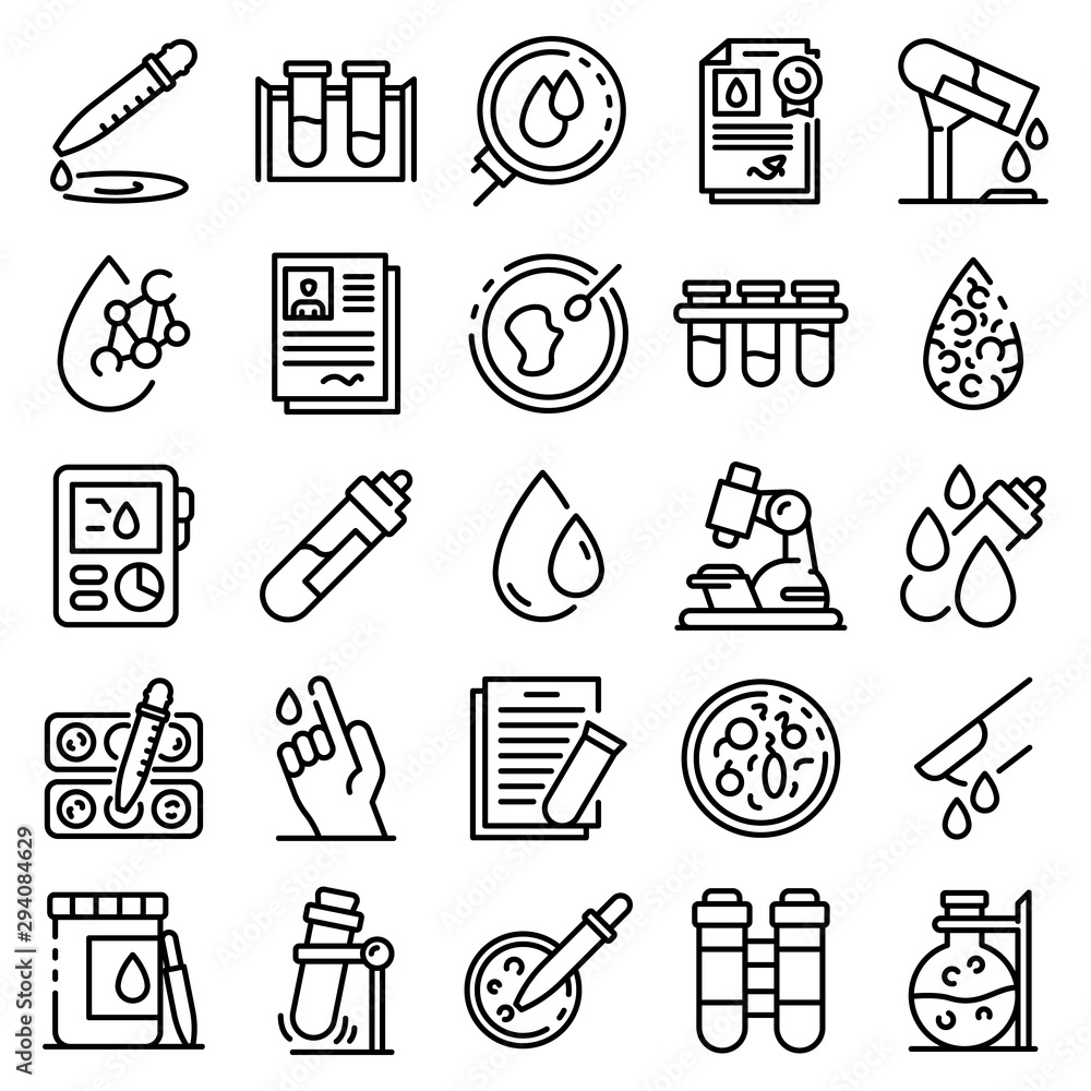 Poster blood test icons set. outline set of blood test vector icons for web design isolated on white backgr