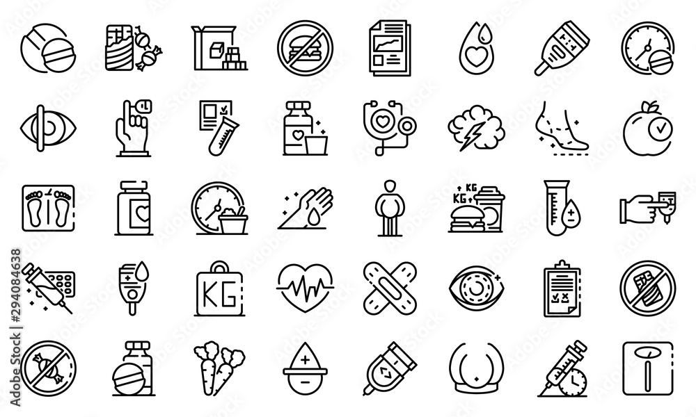 Poster diabetes icons set. outline set of diabetes vector icons for web design isolated on white background
