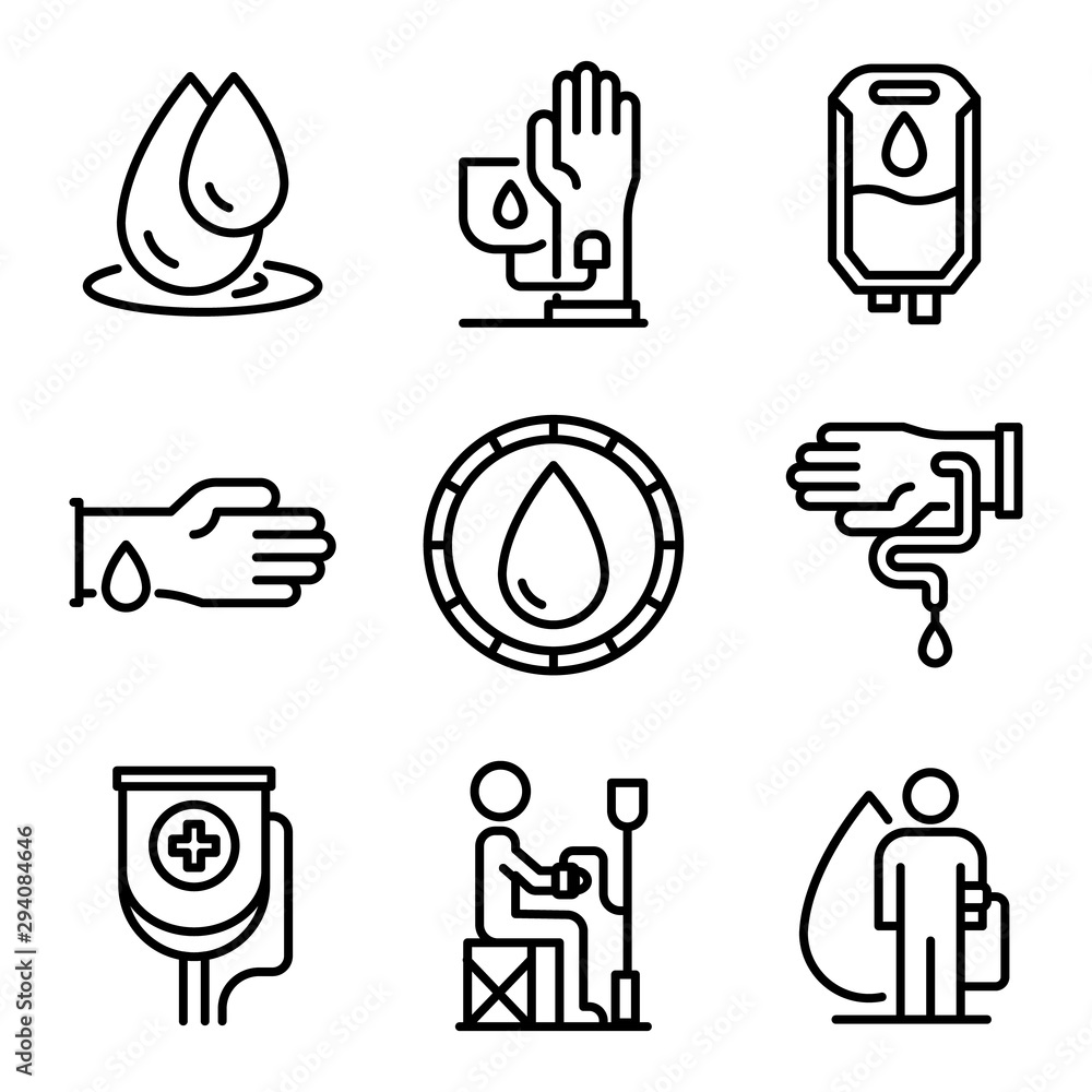Poster blood transfusion icons set. outline set of blood transfusion vector icons for web design isolated o