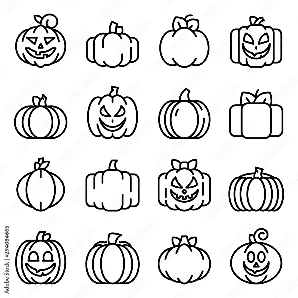 Poster pumpkin icons set. outline set of pumpkin vector icons for web design isolated on white background