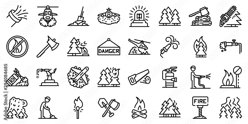 Poster wildfire icons set. outline set of wildfire vector icons for web design isolated on white background