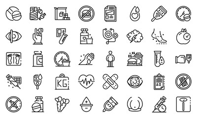 Diabetes icons set. Outline set of diabetes vector icons for web design isolated on white background