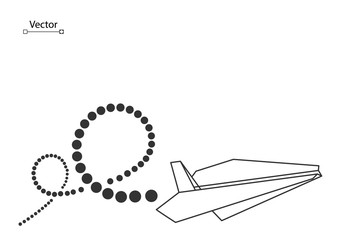 Flying white creative origami paper airplane with a line of traversed path. Vector conceptual illustration, Travel, Leisure, Business.