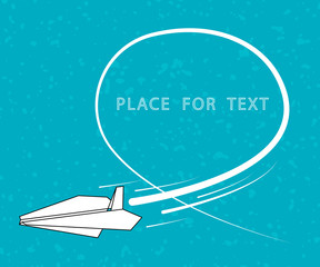 Flying white creative origami paper airplane on grunge background. Vector conceptual illustration, Travel, Leisure, Business. Space for text.