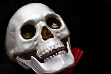 Creepy smiling skeleton skull close up on black background with copy space, death and mystery...
