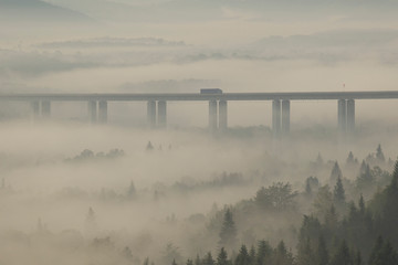Viaduct on Sunrise with morning mist in mountains of Croatia