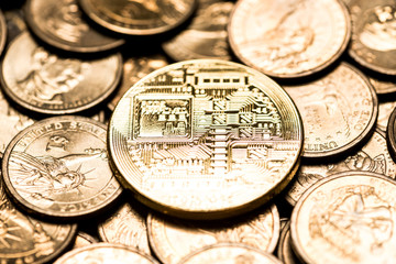 crypto currency on dollar money coins background