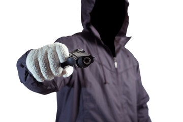 front of hacker man with dark face holding a gun in hand isolated on white background